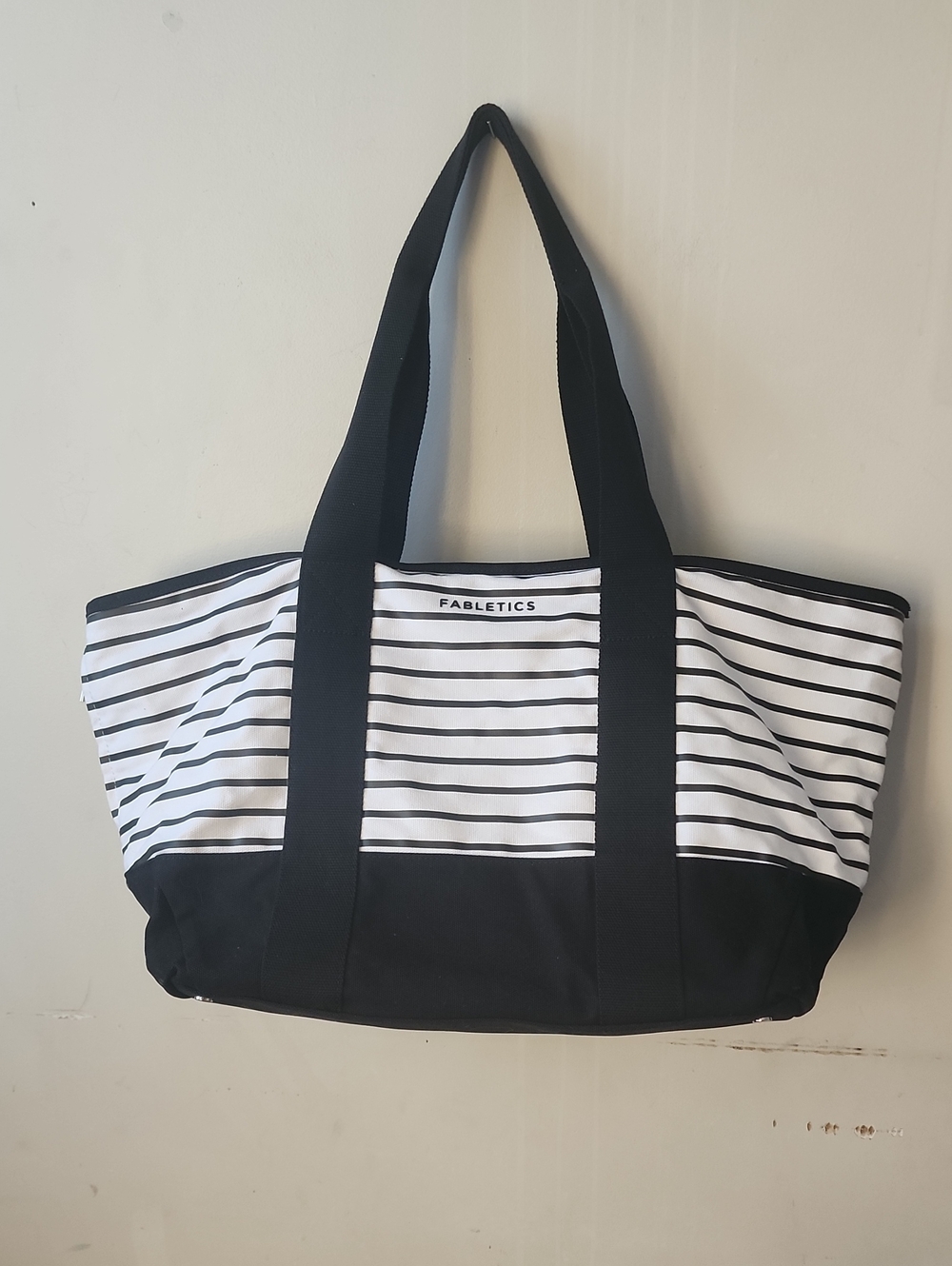 Fabletics Black and White Striped Canvas Tote